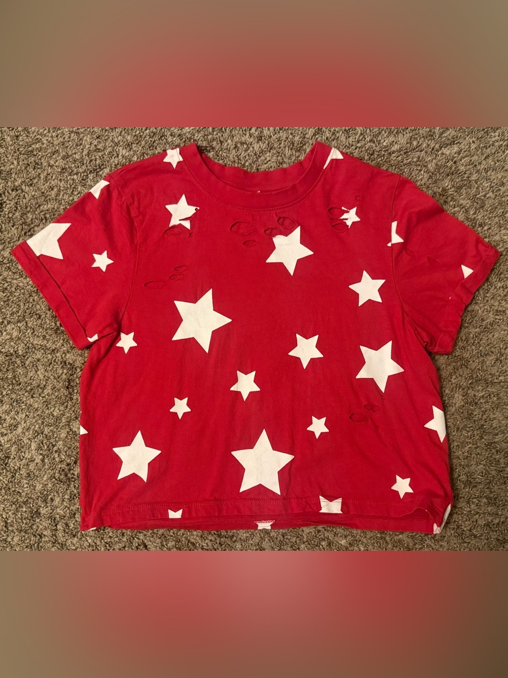 Electric Pink Red Cropped Distressed Tee with White Stars
